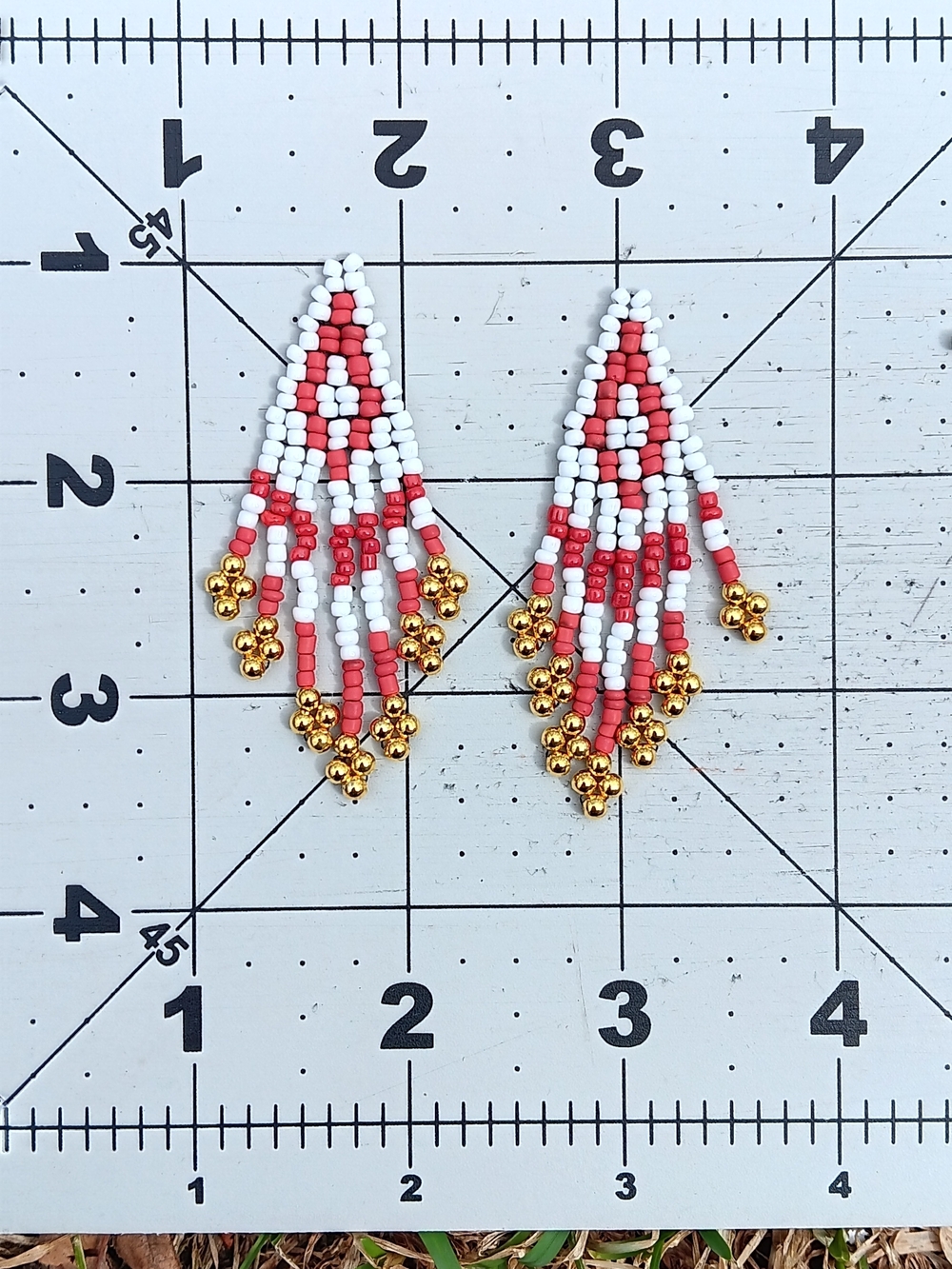 Handmade White and Red Beaded Fringe Earrings with Gold Accents